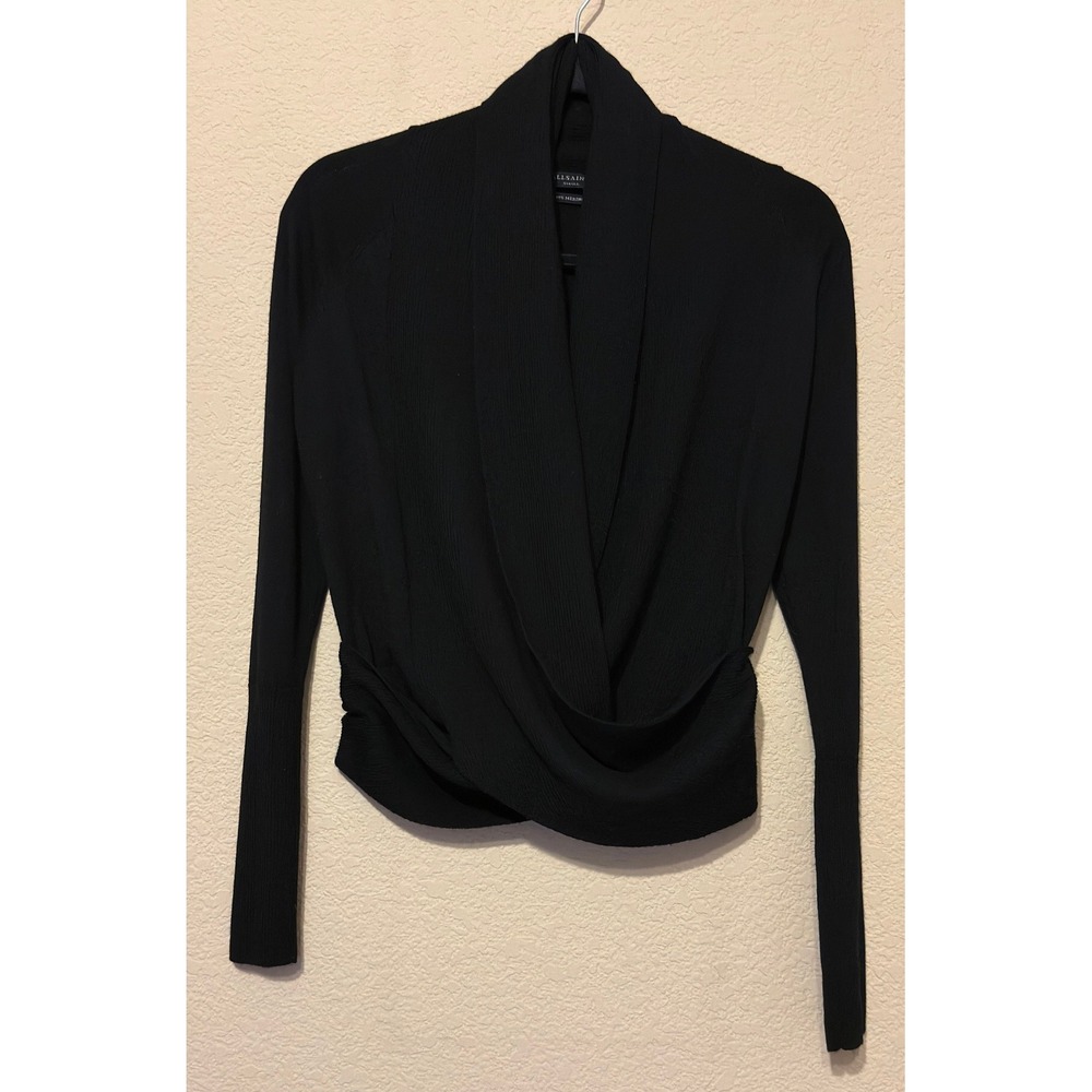 AllSaints Wasson Pirate Cardigan Black 100% Merino Wool Wrap Sweater Sz S Ballet
